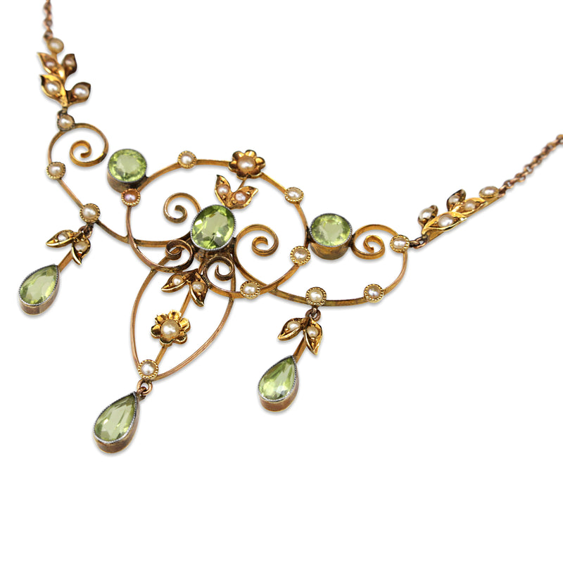 9ct Yellow Gold Antique Peridot and Pearl Necklace