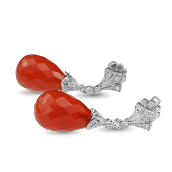 18ct White Gold Deco Style Carnelian and Diamond Drop Earrings