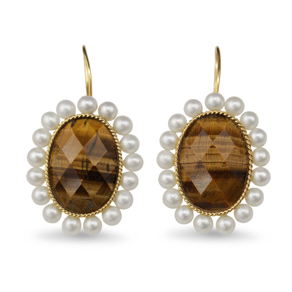 14ct Yellow Gold Faceted Tiger Eye and Cultured Pearl Earrings