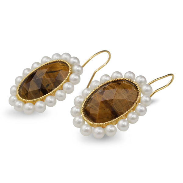 14ct Yellow Gold Faceted Tiger Eye and Cultured Pearl Earrings