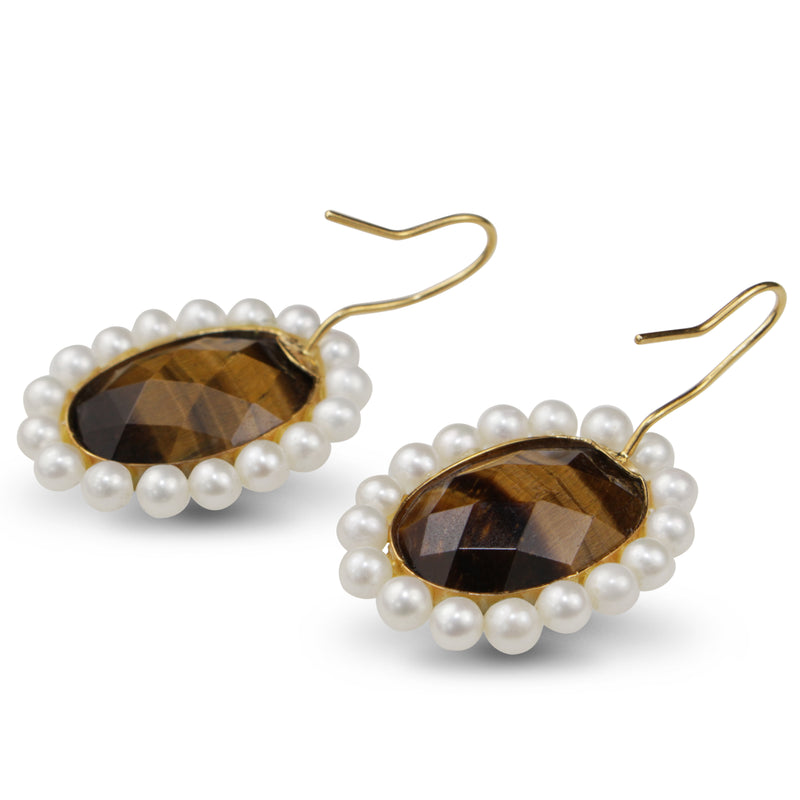 14ct Yellow Gold Faceted Tiger Eye and Cultured Pearl Earrings