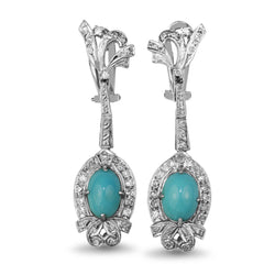 Palladium Art Deco Turquoise and Single Cut Diamond Drop Earrings