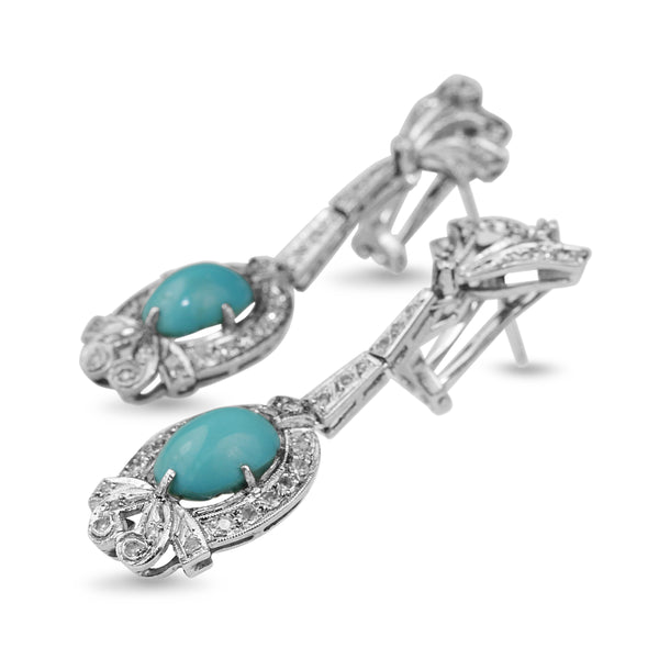 Palladium Art Deco Turquoise and Single Cut Diamond Drop Earrings