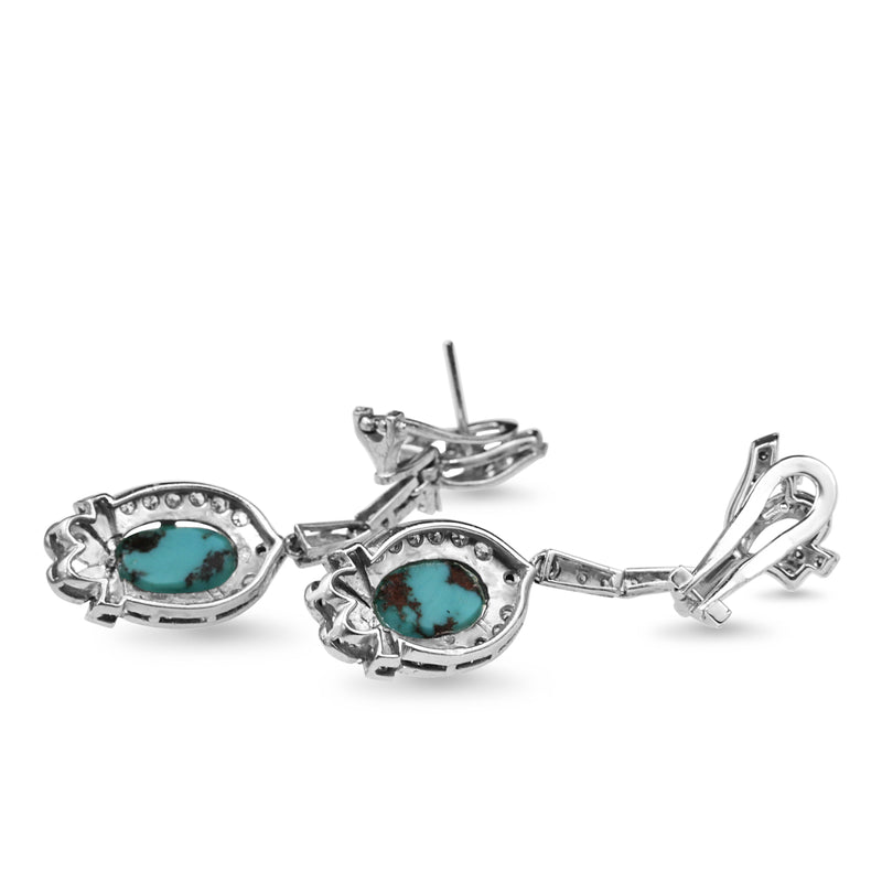 Palladium Art Deco Turquoise and Single Cut Diamond Drop Earrings