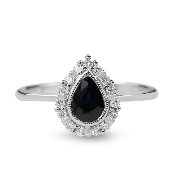 9ct White Gold Pear Sapphire and DIamond Halo Ring