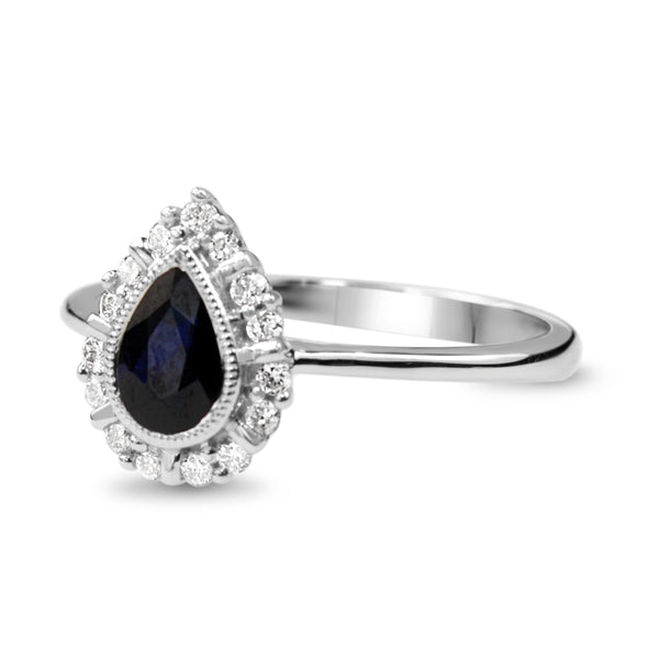9ct White Gold Pear Sapphire and DIamond Halo Ring