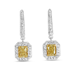 18ct Yellow and White Gold Yellow Radiant Diamond Halo Drop Earrings