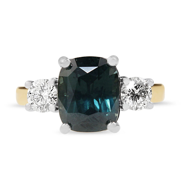 18ct Yellow and White Gold Cushion Teal Sapphire and Diamond 3 Stone Ring