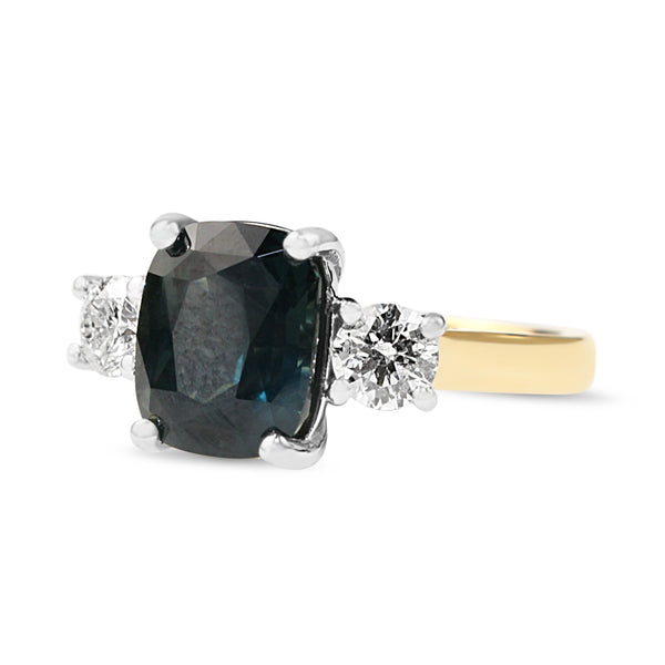 18ct Yellow and White Gold Cushion Teal Sapphire and Diamond 3 Stone Ring