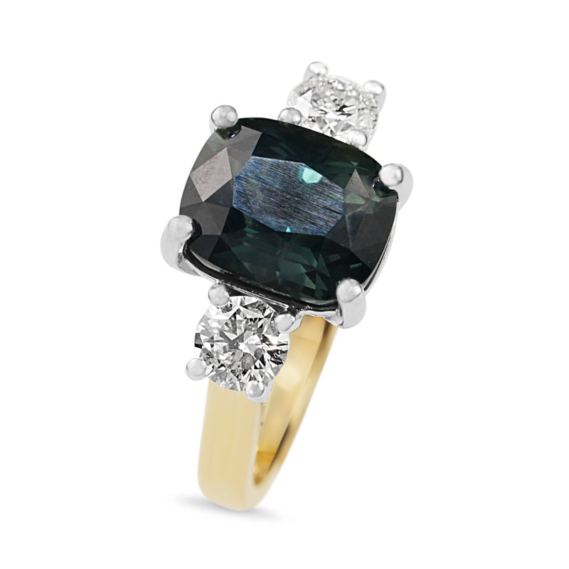 18ct Yellow and White Gold Cushion Teal Sapphire and Diamond 3 Stone Ring