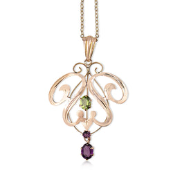 9ct Rose Gold Antique Peridot and Amethyst Suffragette Necklace