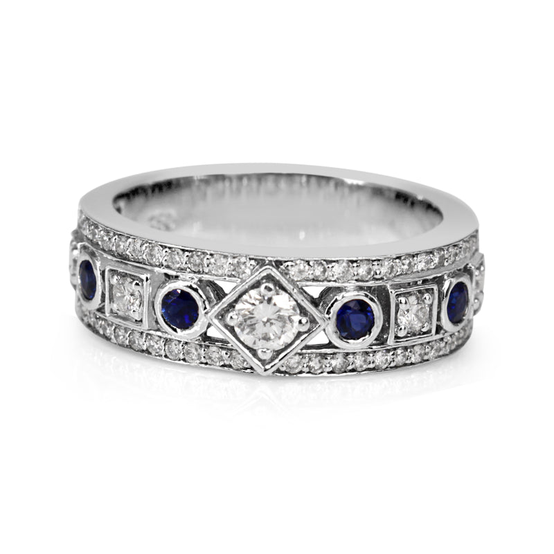 18ct White Gold Sapphire and Diamond Deco Style Band Ring