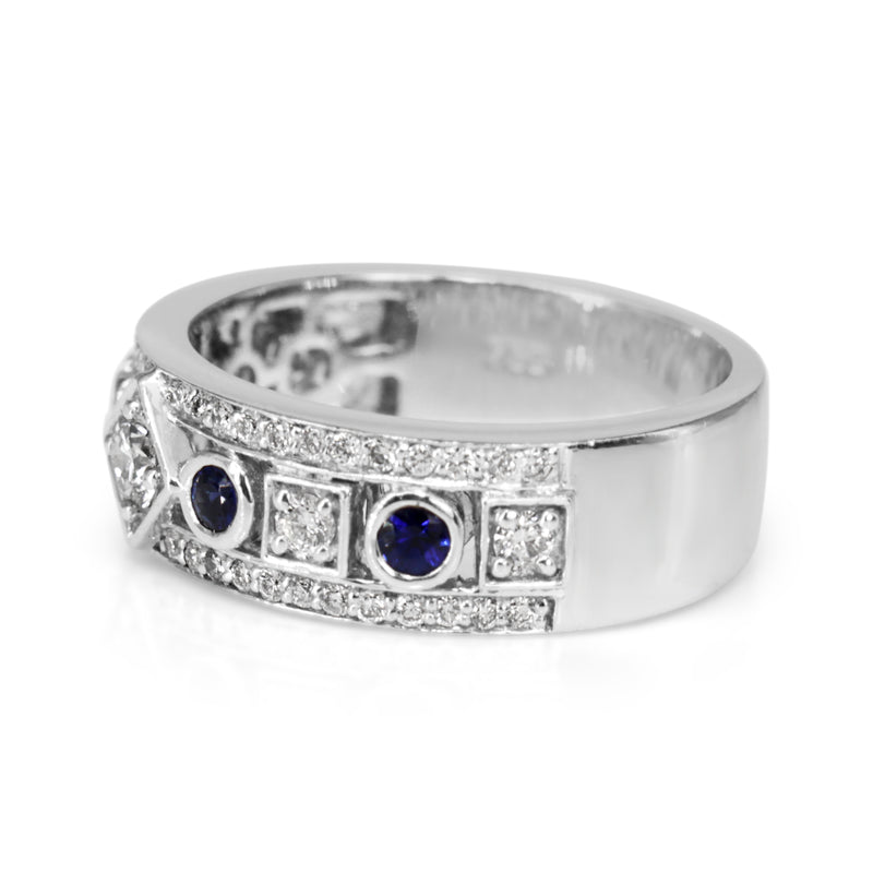 18ct White Gold Sapphire and Diamond Deco Style Band Ring