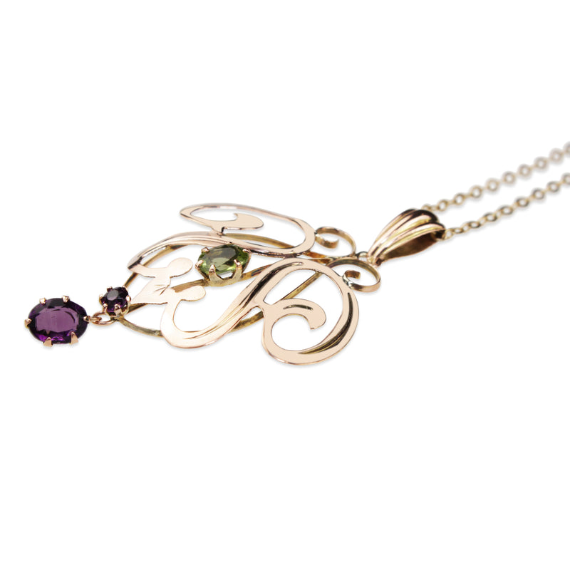 9ct Rose Gold Antique Peridot and Amethyst Suffragette Necklace