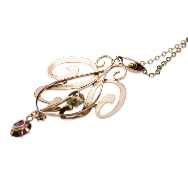 9ct Rose Gold Antique Peridot and Amethyst Suffragette Necklace