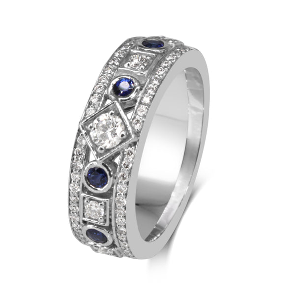 18ct White Gold Sapphire and Diamond Deco Style Band Ring