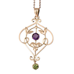 9ct Rose Gold Antique Peridot and Amethyst Suffragette Necklace