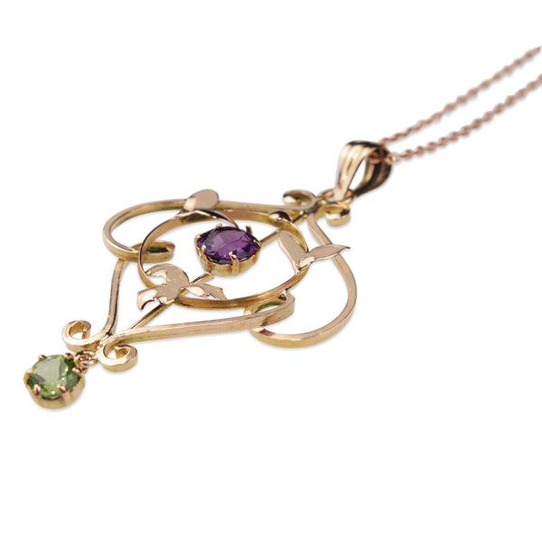 9ct Rose Gold Antique Peridot and Amethyst Suffragette Necklace