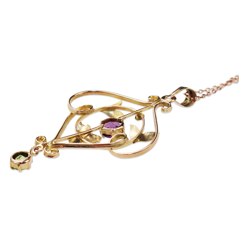9ct Rose Gold Antique Peridot and Amethyst Suffragette Necklace