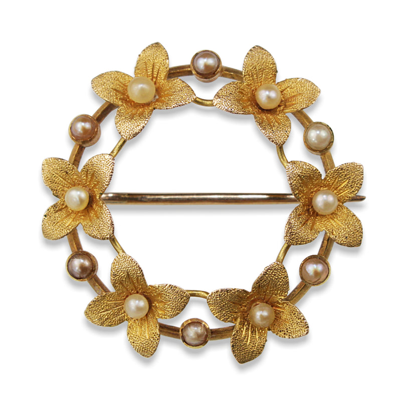 15ct Yellow Gold Antique Seed Pearl Floral Wreath Brooch