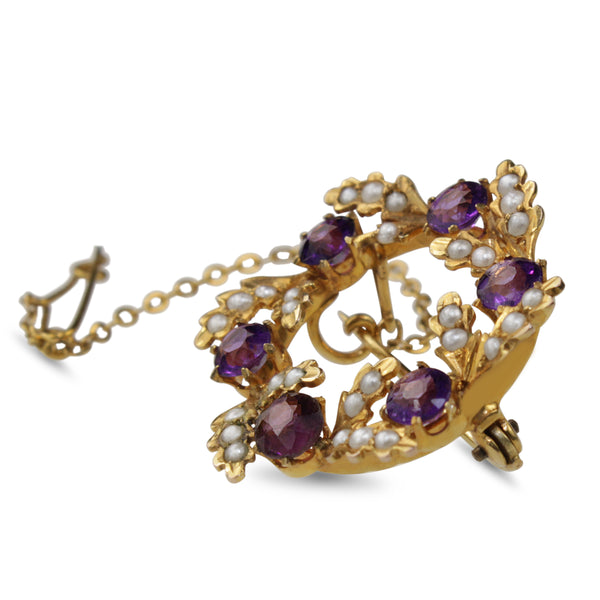 9ct Yellow Gold Antique Amethyst and Pearl Wreath Brooch
