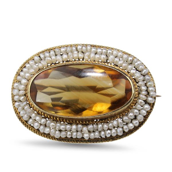 15ct Yellow Gold Antique Citrine and Natural Seed Pearl Brooch