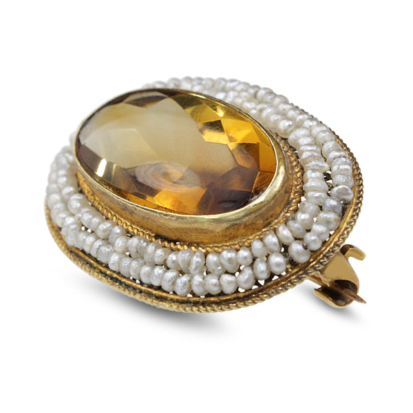 15ct Yellow Gold Antique Citrine and Natural Seed Pearl Brooch