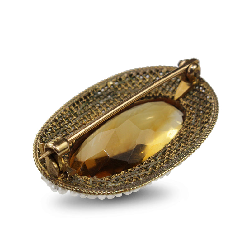 15ct Yellow Gold Antique Citrine and Natural Seed Pearl Brooch