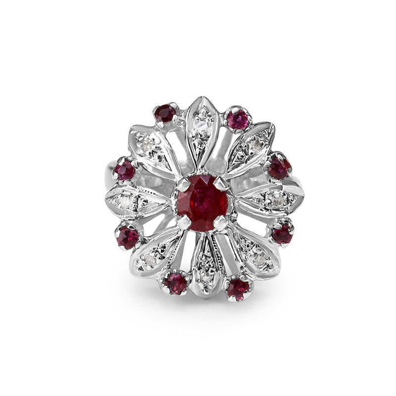 Palladium Ruby and Single Cut Diamond Flower Ring