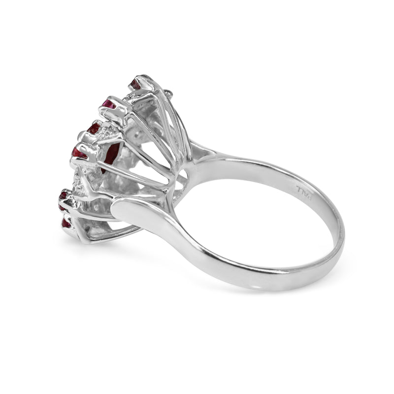 Palladium Ruby and Single Cut Diamond Flower Ring