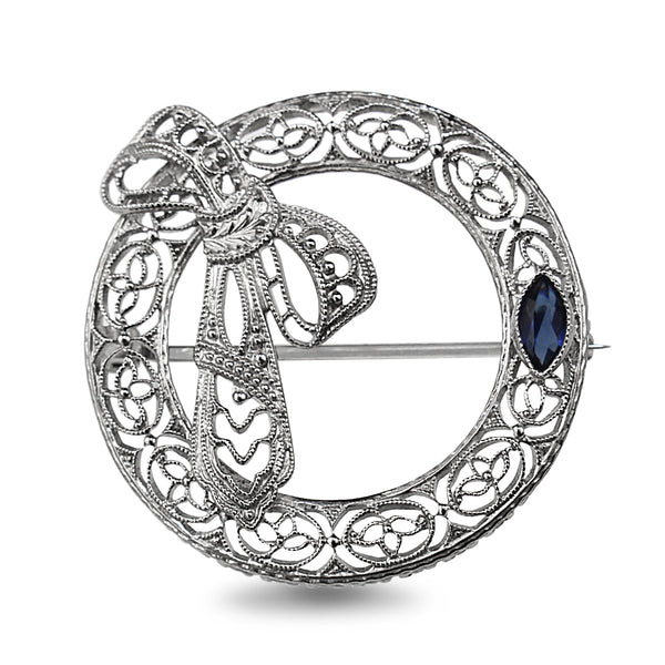 10ct White Gold Filigree Sapphire Wreath Brooch