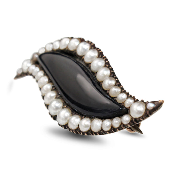 9ct Rose Gold Onyx and Seed Pearl Brooch With Silver Pin