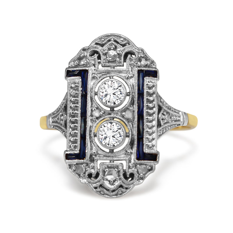 18ct Yellow and White Gold Art Deco Sapphire and Old Cut Diamond Ring