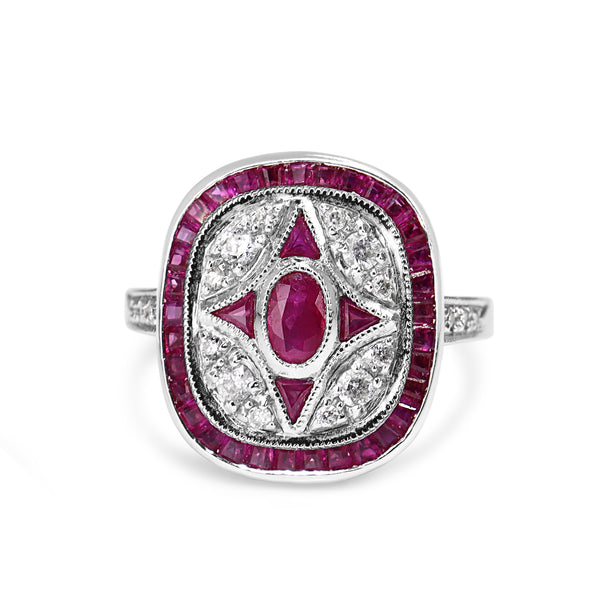 9ct White Gold Ruby and Diamond Art Deco Style Ring