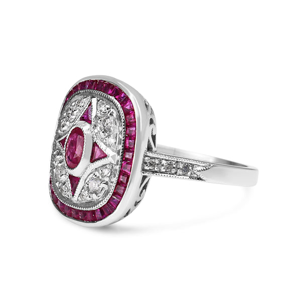 9ct White Gold Ruby and Diamond Art Deco Style Ring