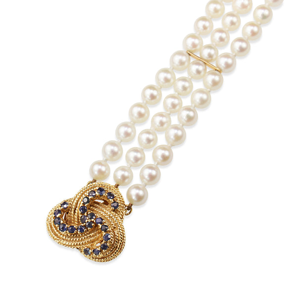 14ct Yellow Gold Sapphire and Akoya Pearl 3 Strand Bracelet
