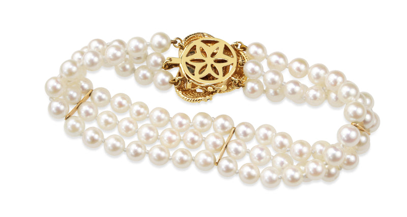14ct Yellow Gold Sapphire and Akoya Pearl 3 Strand Bracelet