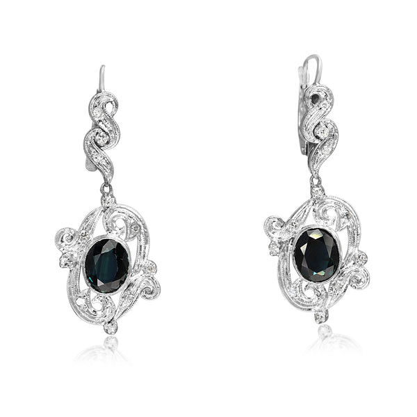 Palladium Sapphire and Single Cut Diamond Vintage Earrings
