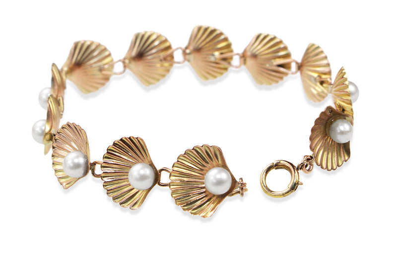 14ct Yellow Gold Cultured Pearl Shell Bracelet