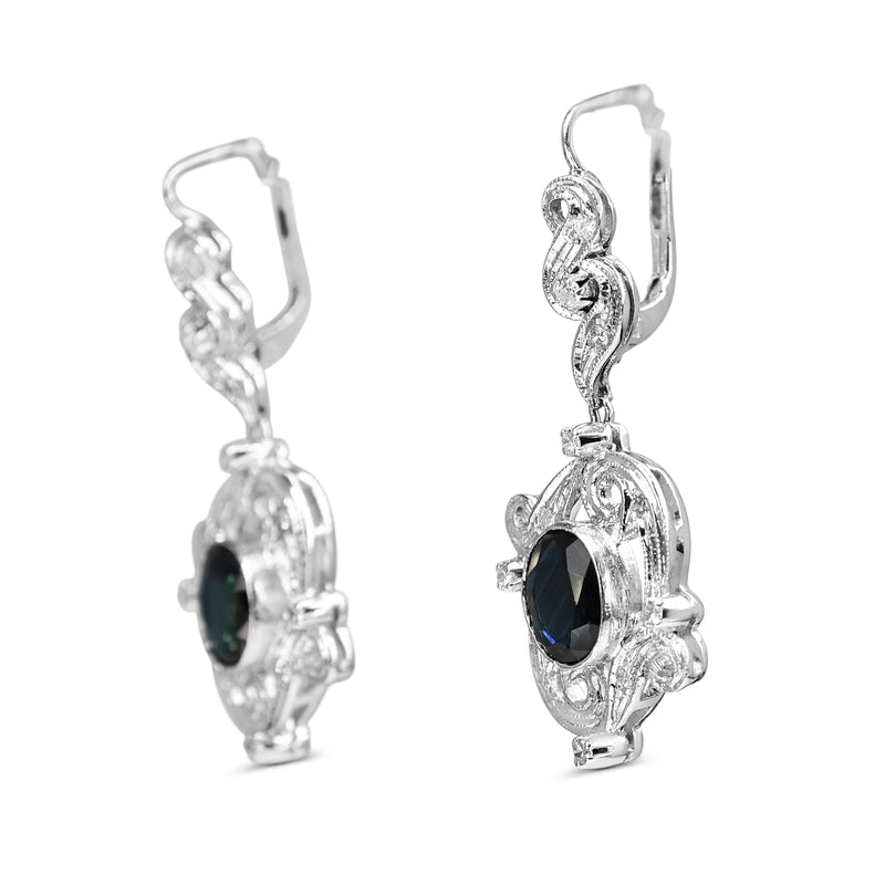 Palladium Sapphire and Single Cut Diamond Vintage Earrings