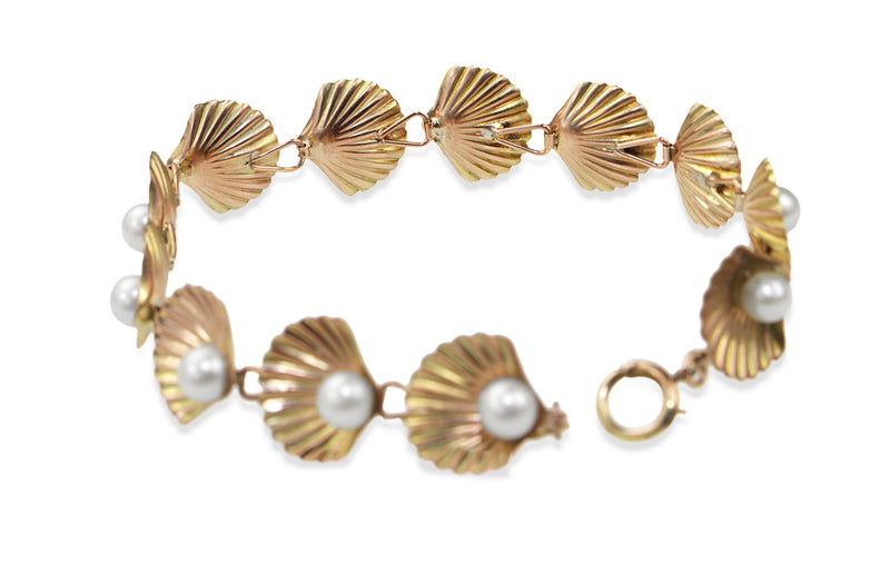 14ct Yellow Gold Cultured Pearl Shell Bracelet