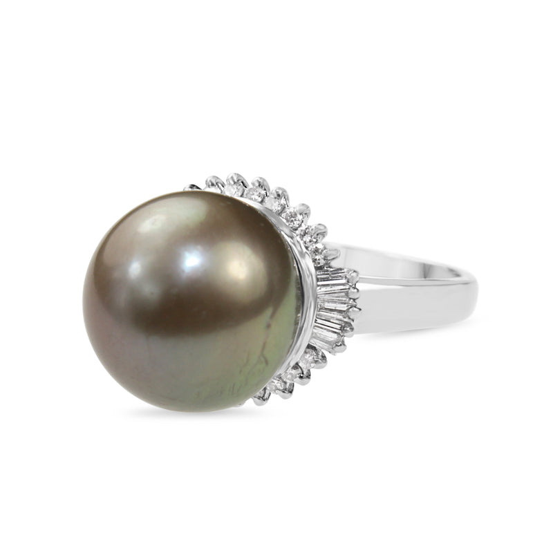 Platinum 14mm Tahitian Pearl and Diamond Ring