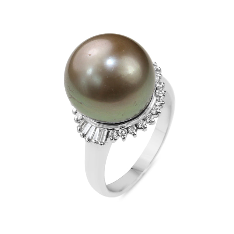 Platinum 14mm Tahitian Pearl and Diamond Ring