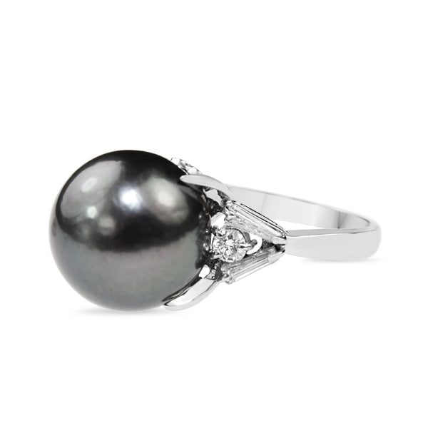 Platinum 13mm Tahitian Pearl and Diamond Cocktail Ring