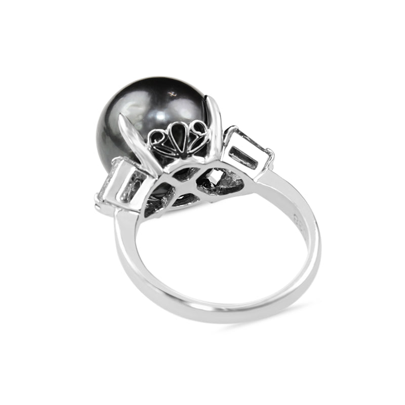 Platinum 13mm Tahitian Pearl and Diamond Cocktail Ring