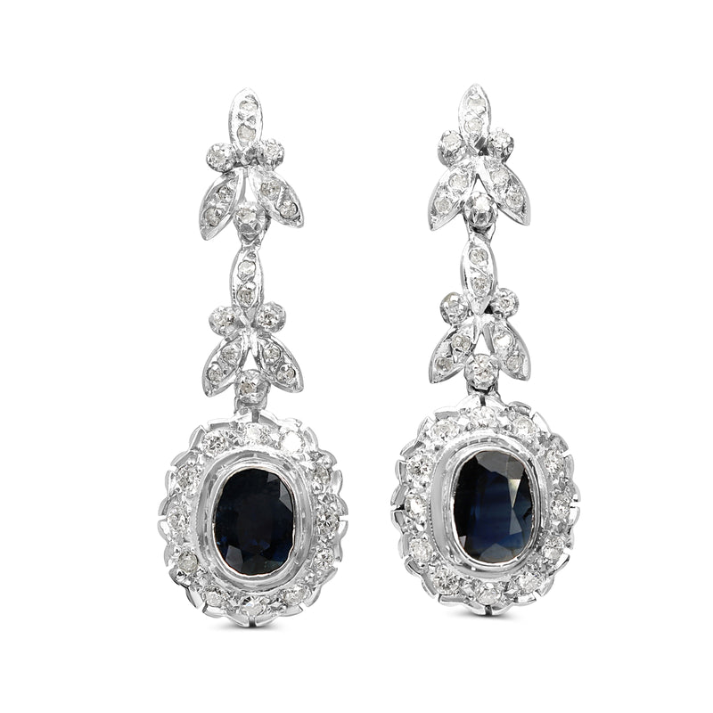 Palladium Sapphire and Single Cut Diamond Floral Drop Earrings