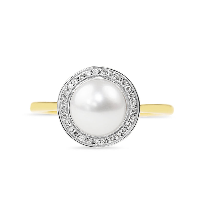 9ct Yellow and White Gold Fresh Water Pearl and Diamond Halo Ring
