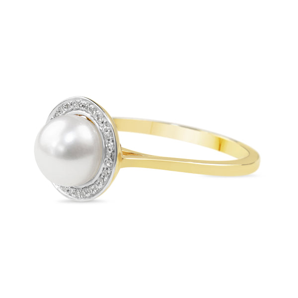 9ct Yellow and White Gold Fresh Water Pearl and Diamond Halo Ring