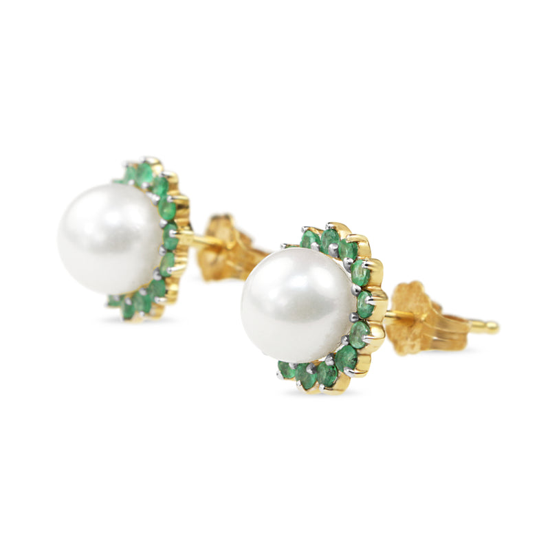 14ct Yellow Gold Cultured 7mm Pearl and Emerald Halo Stud Earrings