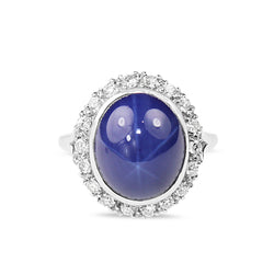 14ct White Gold Synthetic Star Sapphire and Diamond Halo Ring